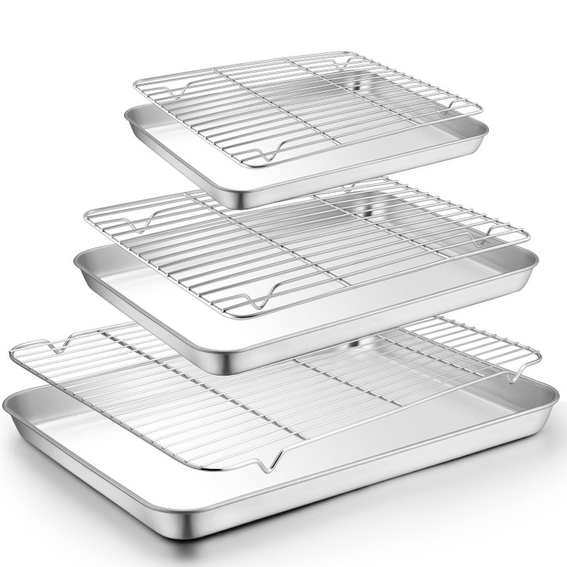 TeamFar Baking Sheet with Rack Set (3 Pans + 3 Racks), 19.6/16/12.5 Inch Stainless Steel Cookie Sheets Baking Pans Trays and Cooling Racks for Cooking Roasting, Non-Toxic & Heavy Duty, Dishwasher Safe - Image 1